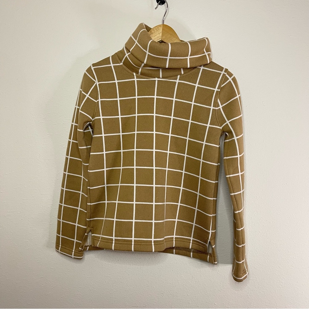 J Crew camel white windowpane turtleneck Fleece Sweater